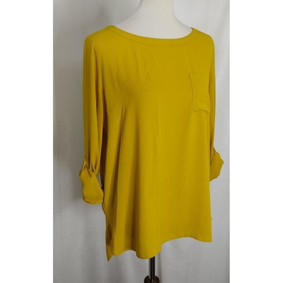 LOFT Blouse M Yellow Tab Sleeves Boat Neck Career Lightweight - Picture 3 of 7